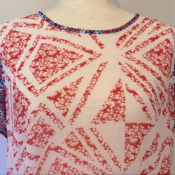CAbi #732 Semi Sheer Coquette Red White Geometric Blouse Size Medium‎ - Picture 3 of 10